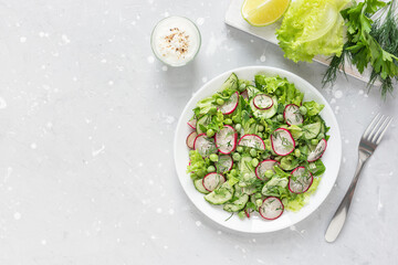 Fresh salad of cucumbers, radishes, green peas and herbs in white bowl. Flat lay.