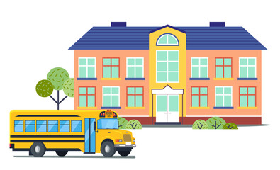 School building with yellow school bus. Isolated icons in flat style. Back to school concept. Empty backyard. Modern architecture with blue roof, big windows. Welcome to school, transport for pupils
