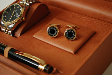 male formal clothing accessories gift box,wrist watch,pen and pair of cuff links set in brown...