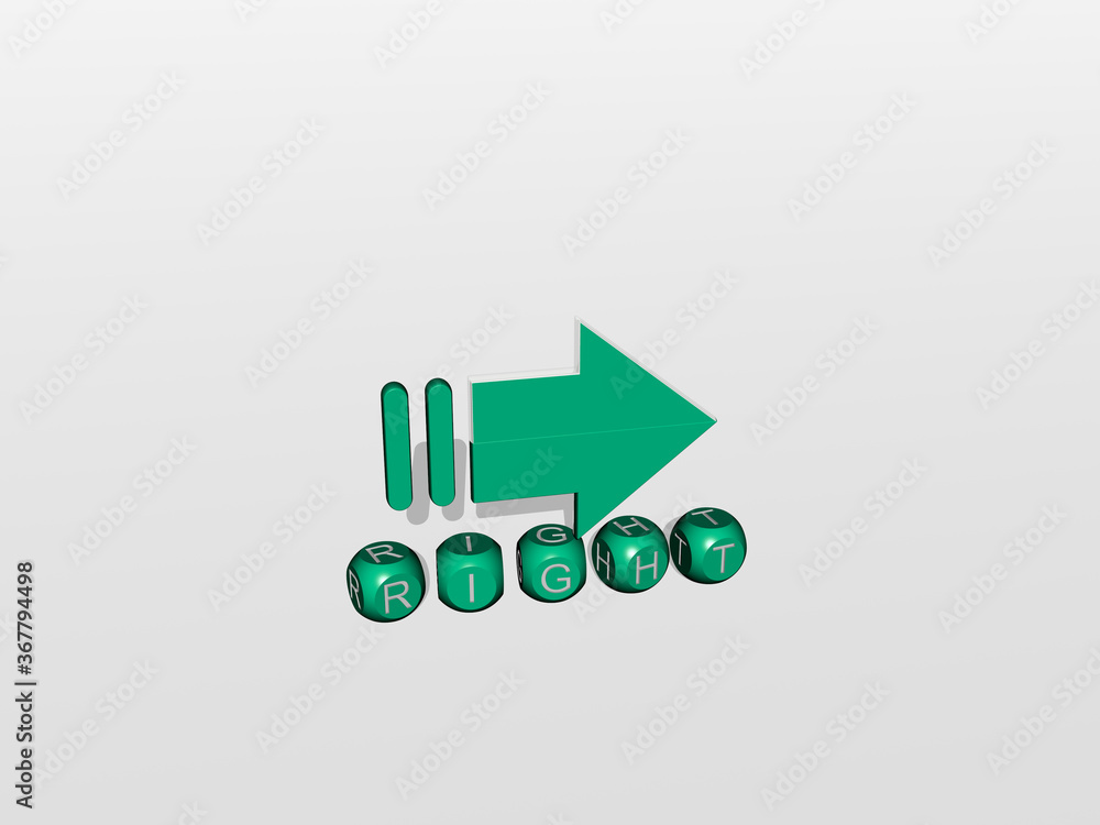 Poster 3d representation of right with icon on the wall and text arranged by metallic cubic letters on a mi