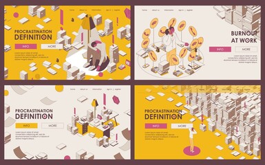 Fototapeta premium Set of outline banners or landing page templates about procrastination, deadline, burnout and lots of paperwork in yellow and beige colors. Office isometric scenes with depressed people