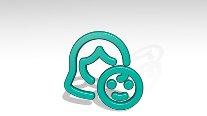baby mother made by 3D illustration of a shiny metallic sculpture with the shadow on light background. cute and child