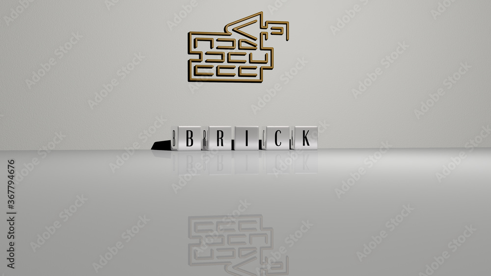 Poster 3d representation of brick with icon on the wall and text arranged by metallic cubic letters on a mi