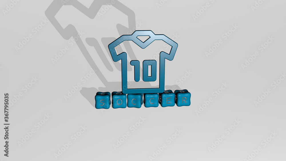 Poster 3d representation of soccer with icon on the wall and text arranged by metallic cubic letters on a m