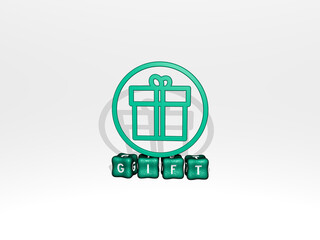3D graphical image of gift vertically along with text built by metallic cubic letters from the top perspective, excellent for the concept presentation and slideshows. background and illustration