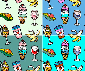 summer pop art comic style pattern,  ice cream, banana and avocado, cold drinks or coffee with a glass of wine, pizza or scrambled eggs for breakfast, t shirt print, post card, set of design design fo