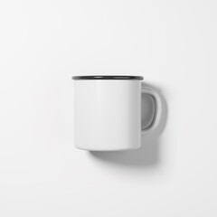 White blank enamel mug on the white table. Top view 3d render illustration.