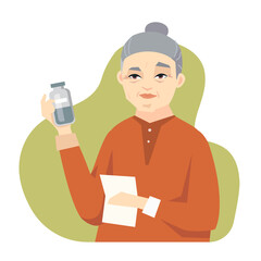 Senior Chinese woman taking medicine - flat design style illustration