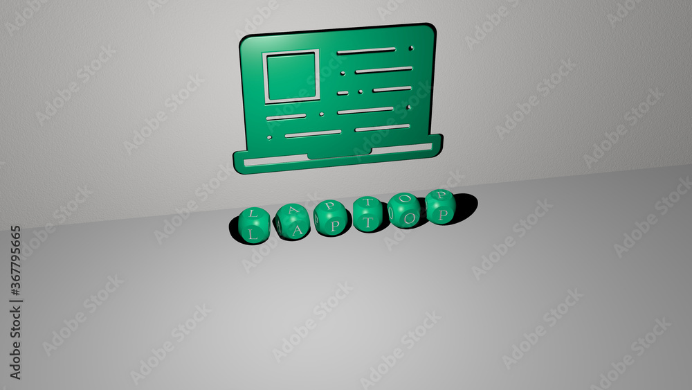 Fototapete 3D illustration of laptop graphics and text made by metallic dice letters for the related meanings of the concept and presentations. computer and business