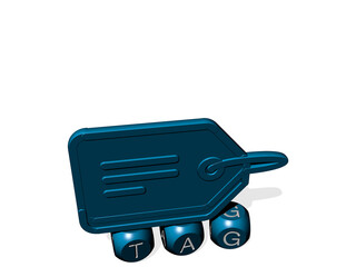 3D representation of TAG with icon on the wall and text arranged by metallic cubic letters on a mirror floor for concept meaning and slideshow presentation. illustration and sign