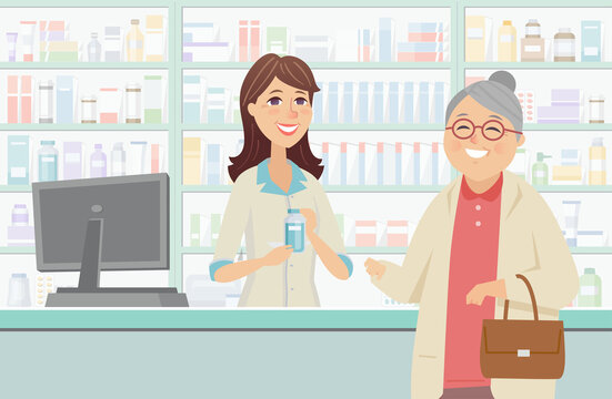 Senior woman at the pharmacy - cartoon people characters illustration