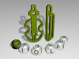 3D graphical image of VIOLIN vertically along with text built around the icon by metallic cubic letters from the top perspective, excellent for the concept presentation and slideshows. music and