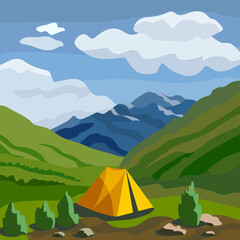 Landscape. Yellow tent in the mountains