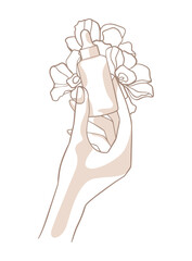 Vector linear drawing in a modern minimalist style. Smooth lines and abstract shapes. Female hand with a cosmetic product surrounded by flowers. Skincare serum, essential oil, bottle with pipette.