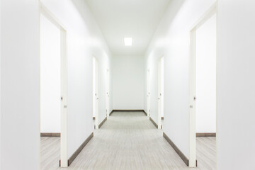 Light White Hall Room With Doors and Wood Floor