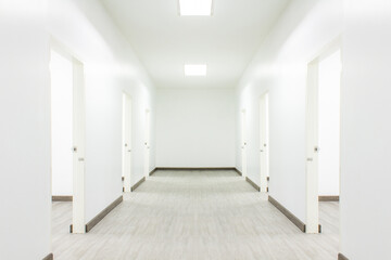 Fototapeta na wymiar Light White Hall Room With Doors and Wood Floor