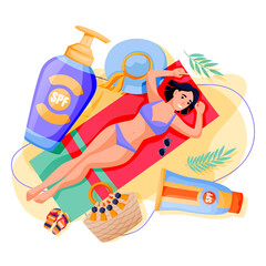 Summer face body solar protection. Woman sunbathing with sunblock. Vector illustration of girl and sunscreen cosmetics