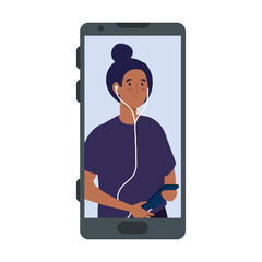 young woman in smartphone device, on white background