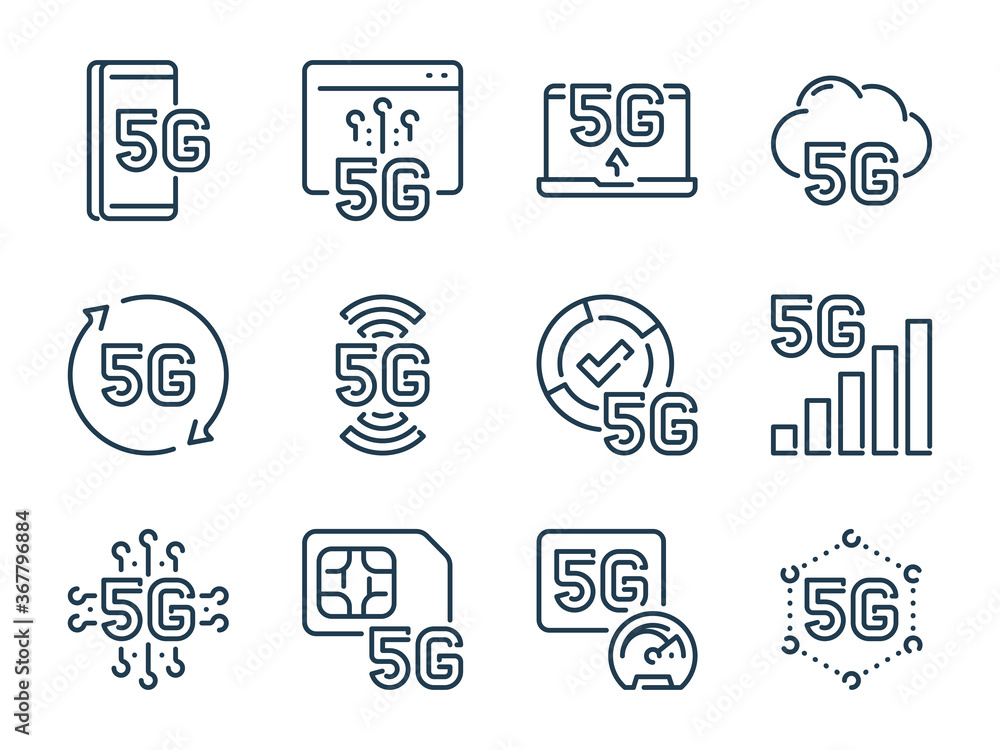Aufkleber 5th generation network related vector line icon set. 5g technology outline icons. 5g wireless intern