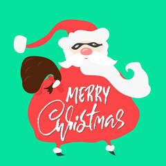 Cartoon bad Santa Claus. Merry Christmas dry brush lettering. Vector illustration.