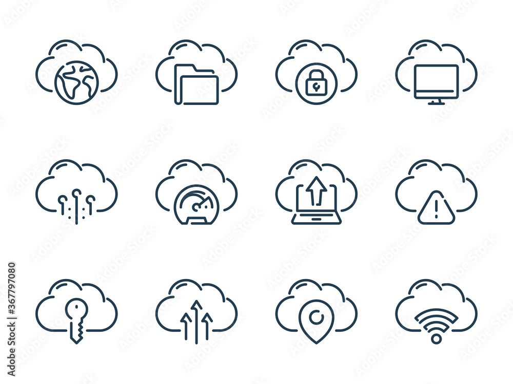 Poster cloud server and storage vector line icon set. cloud hosting and computing outline icons. cloud netw