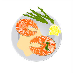 Plate with salmon steak, lemon and asparagus. View from above. Seafood food concept. Creative design for breakfast menu, cafe, restaurant. Vector illustration stock illustration