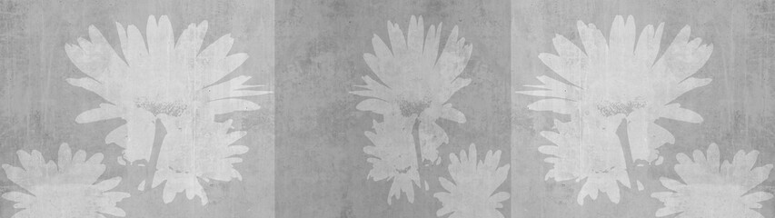 Flower concrete stone tiles with elegant floral daisy print, white gray grey anthracite texture background banner panorama