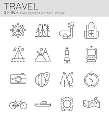 Travel icons vacation tourism vector symbols.