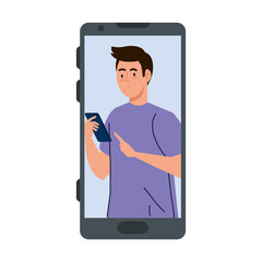 young man in smartphone device, on white background