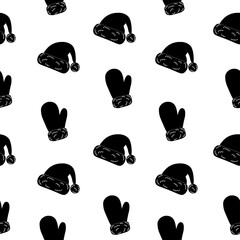 Seamless pattern hat mitten Santa Claus black color vector illustration	