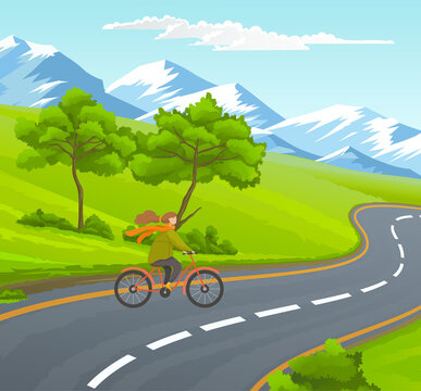 Woman riding bicycle on asphalt road near green trees, hills at snowy mountains, sky with clouds background. Young girl traveling at bike. Summer nature. Female enjoy of trip, journey. Vector image