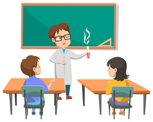 Schoolchildren on chemistry lesson at school with teacher. Man doing experiment in tube with liquid and explaining it to pupils vector illustration