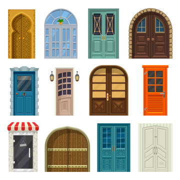 Doors, house entrances and cartoon gates fronts