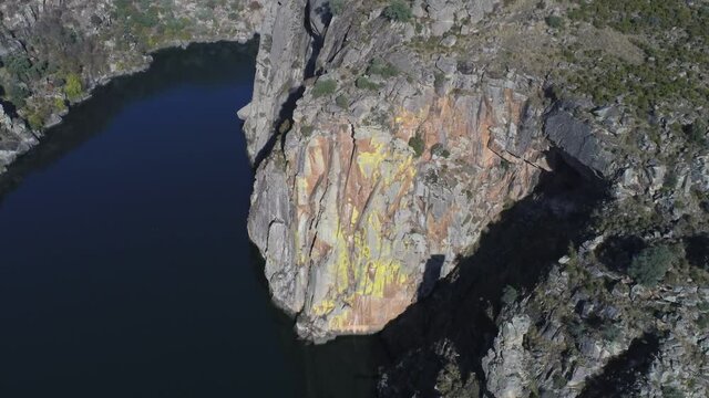 Cliffs  and river in Arribes do Douro, Portugal. Aerial Drone Footage