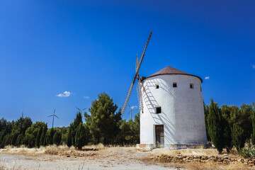 Close-up of an old Manchego windmill, in Spain, used as a tourist attraction.