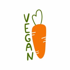 Vegan label. Carrot and green text organic vegetable food emblem, ecology product promotion healthy market, hand drawn cartoon vector single illustration