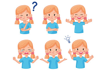 Kid girl with different emotions. Joy, sadness, anger,  funny, thinking, smile. Set. Isolated illustration on white background. Vector. Cartoon. Flat. Face expression