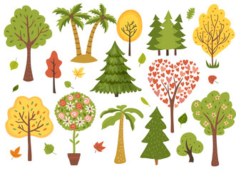 Cartoon forest, tropical and garden tree set. Cartoon hand drawn illustration.