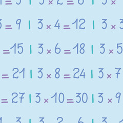 Three times table seamless pattern background. Hand written math vector illustration.