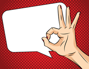 Vector illustration of pop art comic style. Female hand on a red background. Agreement sign. Woman's Hand shows the sign "okay"