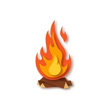 Burning campfire with wood isolated on white background. Bonfire, fireplace, flames. Paper cut out art digital craft style. Vector illustration