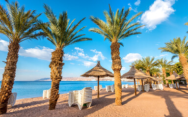 Morning at central public beach in Eilat - famous tourist resort and recreational city in Israel