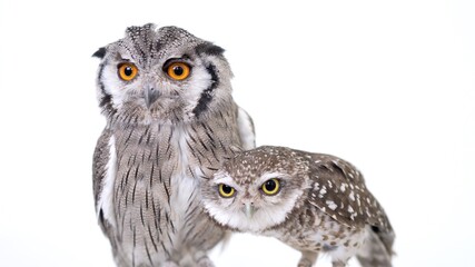 White Faced Scops Owl Spotted Little Owl Close-up portrait on white background Focused on the eyes