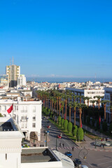 Top view of the houses of Rabat with openwork wrought-iron balconies and the Boulevard with beautiful palm trees.