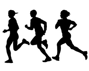 Young athletes run a marathon. Isolated silhouettes on white background