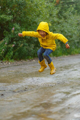 Kid playing in the rain in autumn park. Child jumping in muddy puddle on rainy fall day. Little boy...