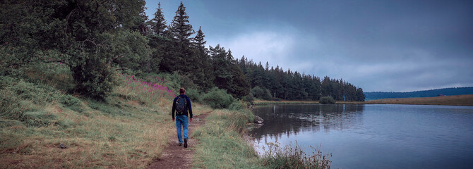 Fototapeta na wymiar man walking on path, lake and forest
