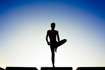 Young sportsmen doing yoga, holding the tree pose, Vrksasana.