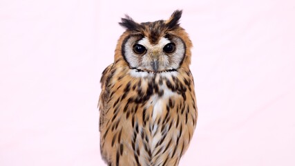 Striped Owl Close-up portrait on pink background Focused on the eyes