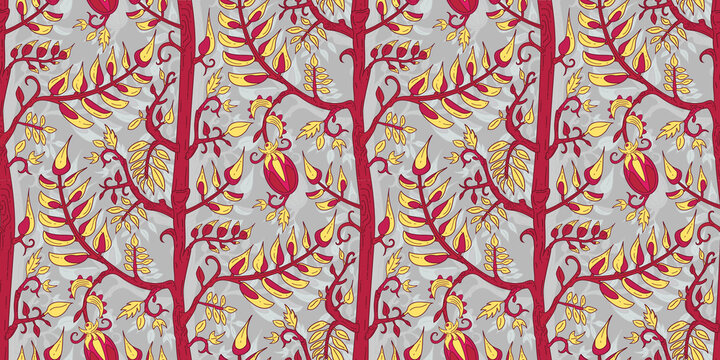 Seamless floral oriental pattern with vines and stripes of curls branches, leaves & flowers. Tropical striped backgroind with indian motif.